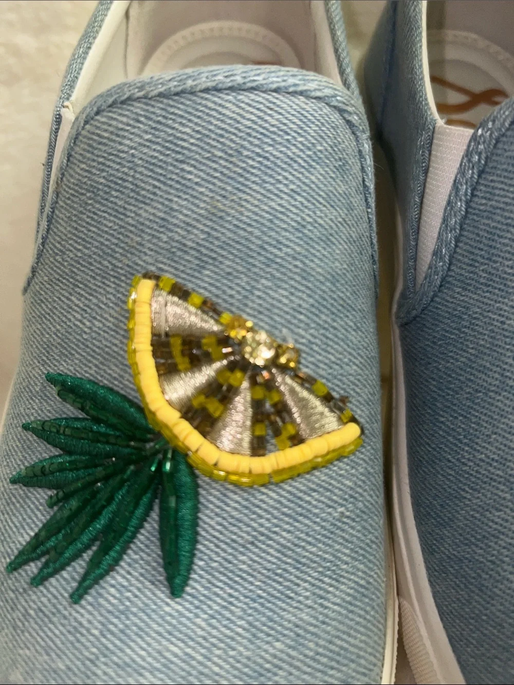 Sam Edelman Light Blue Denim Slip-On Flats with Pineapple and Citrus Embroidery